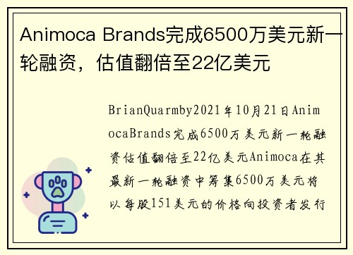 Animoca Brands完成6500万美元新一轮融资，估值翻倍至22亿美元 